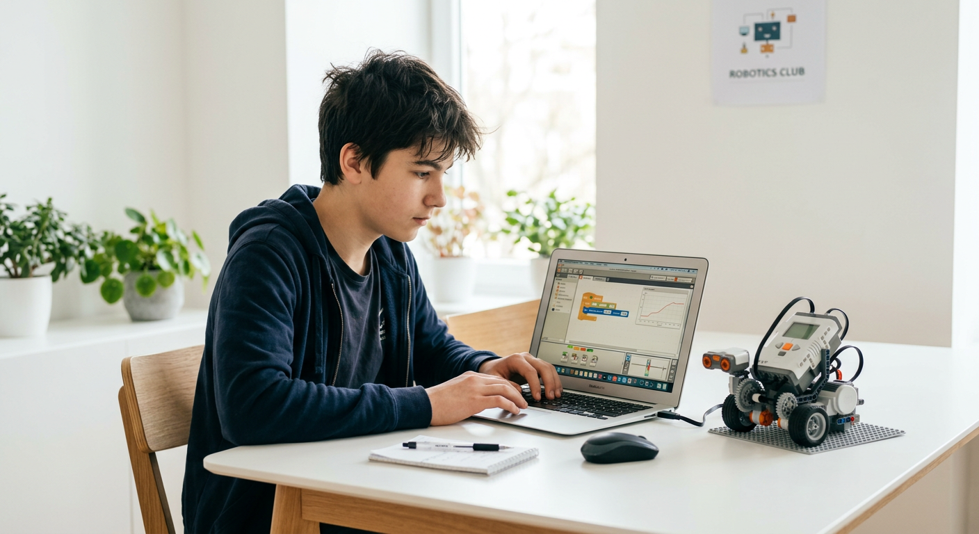 Adolescente programando un robot LEGO en una computadora